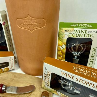 Wine lovers Lot - bottle chiller, cork replacements, bamboo cheese board, 2 spreaders, cork stopper