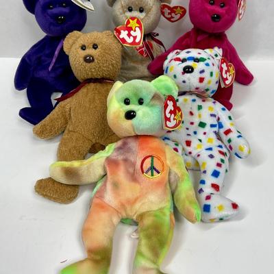 Ty Beanie Babies Lot of 6 Bears - Peace, Curly, Princess Diana, Signature Bear, Valentina, Confetti Bear