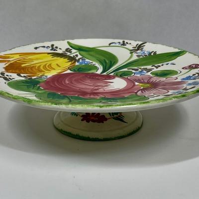 Cake Plate with Pedestal Hand Painted Ceramic Pottery from Italy - Serving Dish Wine Cheese Snacks - Bold Floral Pattern