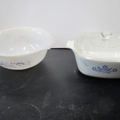 Corning Ware Cornflower Casserole Dish & Pyrex Corning Glass Colonial Mist Bowl