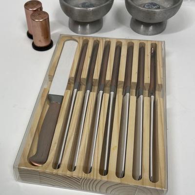 Vintage Metallic Kitchen Lot - copper knives, copper salt & pepper set, aluminum candle holder set
