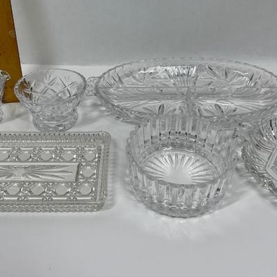 Lot of misc vintage crystal pieces for condiments, nuts, candy, snacks, etc