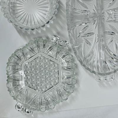 Lot of misc vintage crystal pieces for condiments, nuts, candy, snacks, etc