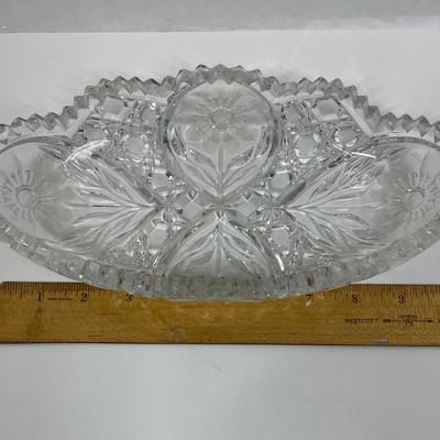 Vintage Cut Glass Relish Candy Dish scalloped and sawtooth Edges Bows and stars