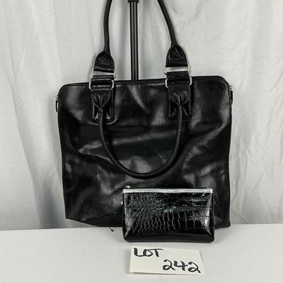 Lot E 242 Black Leather Tote and Cosmetics Bag