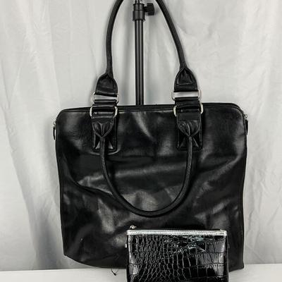 Lot E 242 Black Leather Tote and Cosmetics Bag