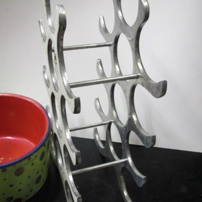 Hand Painted Merlot Dish 13" Geometric Wall Decor Aluminum Art Deco Style Wine Bottle Holder