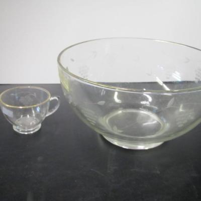 Vintage Etched Glass Grape Pattern Punch Bowl Set, Bowl & 10 Footed Glasses