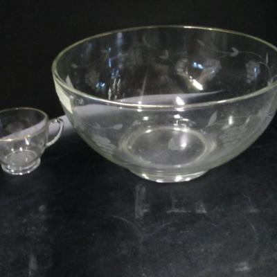 Vintage Etched Glass Grape Pattern Punch Bowl Set, Bowl & 10 Footed Glasses
