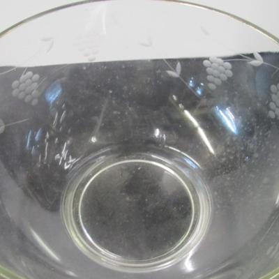 Vintage Etched Glass Grape Pattern Punch Bowl Set, Bowl & 10 Footed Glasses