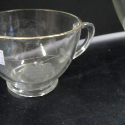 Vintage Etched Glass Grape Pattern Punch Bowl Set, Bowl & 10 Footed Glasses