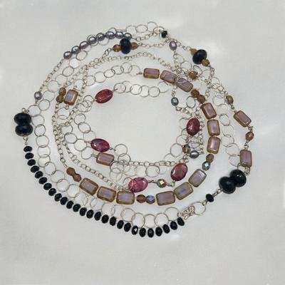 Stephanie Wolf Medley Necklace 60" - Onyx, Freshwater Pearls, Crystals, Glass Tiles