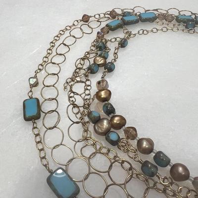 Stephanie Wolf Medley Necklace 70" - Freshwater Pearls, Glass Tiles, Crystals