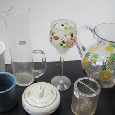 Westmoreland Glass Anchor Hocking Creamer/Sugar Bowls Assortment Of Glasses & Plastic Pitcher