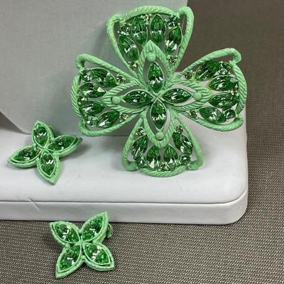 Green Painted metal rhinestone pin and earrings set