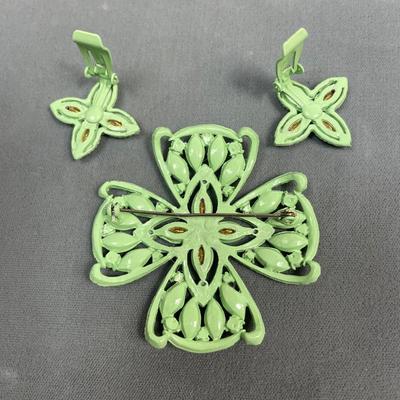 Green Painted metal rhinestone pin and earrings set