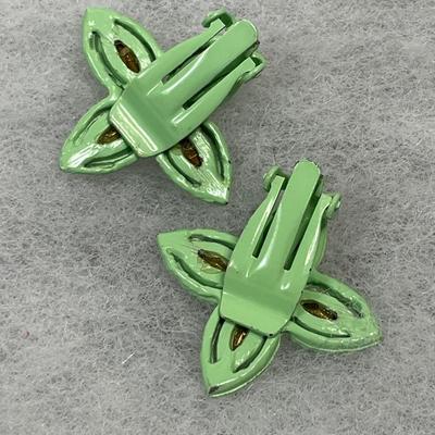 Green Painted metal rhinestone pin and earrings set
