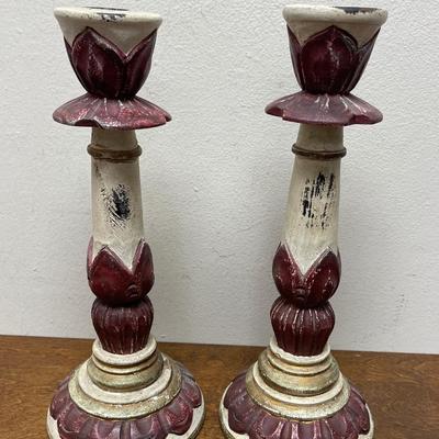 Hand=Crafted Pair of Wooden Candlestick Holders - Painted Cream & Burgundy