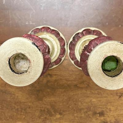 Hand=Crafted Pair of Wooden Candlestick Holders - Painted Cream & Burgundy