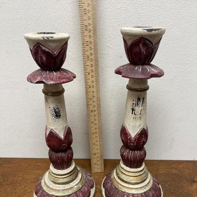 Hand=Crafted Pair of Wooden Candlestick Holders - Painted Cream & Burgundy