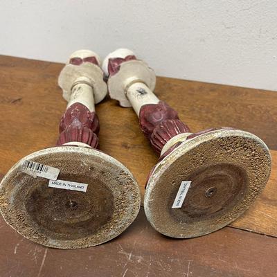 Hand=Crafted Pair of Wooden Candlestick Holders - Painted Cream & Burgundy
