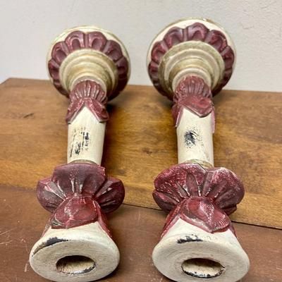 Hand=Crafted Pair of Wooden Candlestick Holders - Painted Cream & Burgundy
