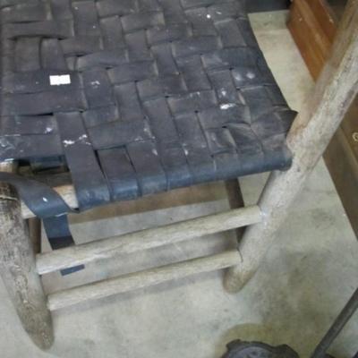 Rustic Wooden Chair Leather Woven Seat