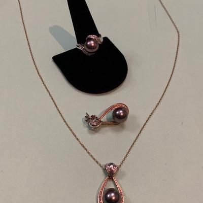 Mikimoto Dark Pearls Matching 14k Necklace & Ring + Single Earring