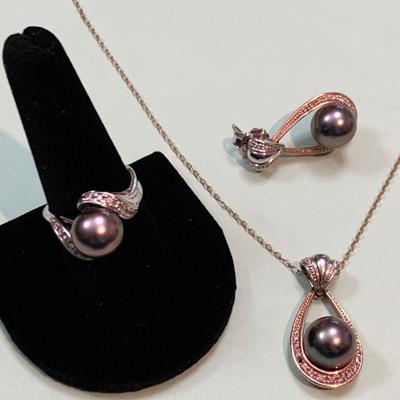 Mikimoto Dark Pearls Matching 14k Necklace & Ring + Single Earring