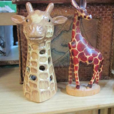 Ceramic & Wooden Carved Giraffe Figures Approx 8" Tall