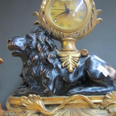 Vintage Champagne Chiller & Lion Sculpture Figurine Pedestal Desk Regal Black Gold Tone Clock