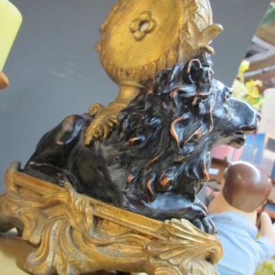 Vintage Champagne Chiller & Lion Sculpture Figurine Pedestal Desk Regal Black Gold Tone Clock