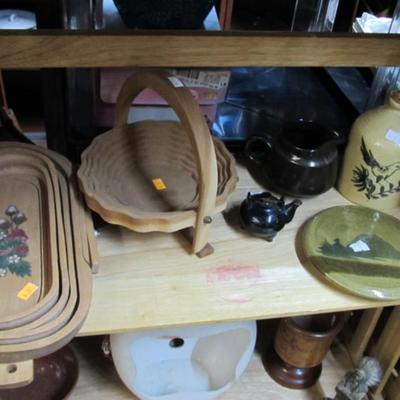 Salt Glazed Single Handled Jug With A Bird Design & Folding Wooden Baskets