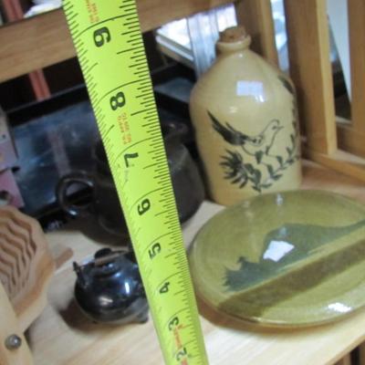 Salt Glazed Single Handled Jug With A Bird Design & Folding Wooden Baskets