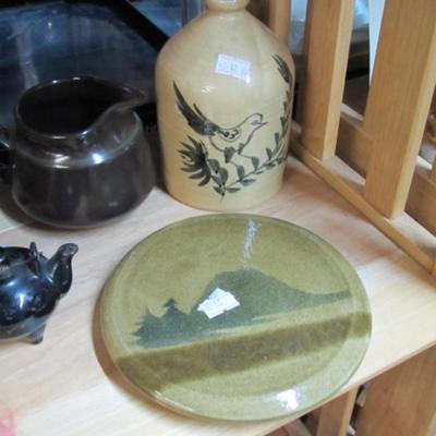 Salt Glazed Single Handled Jug With A Bird Design & Folding Wooden Baskets