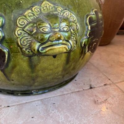 Large Green Pot with Faces
