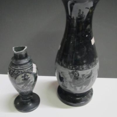 Vintage 12" Black Marble Vase Horse Chariot Greek Carved Chiseled Design Vase