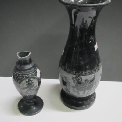 Vintage 12" Black Marble Vase Horse Chariot Greek Carved Chiseled Design Vase