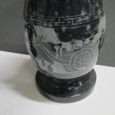 Vintage 12" Black Marble Vase Horse Chariot Greek Carved Chiseled Design Vase