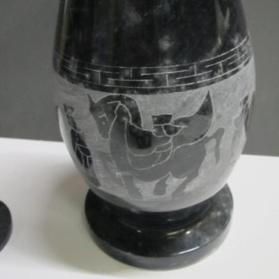 Vintage 12" Black Marble Vase Horse Chariot Greek Carved Chiseled Design Vase