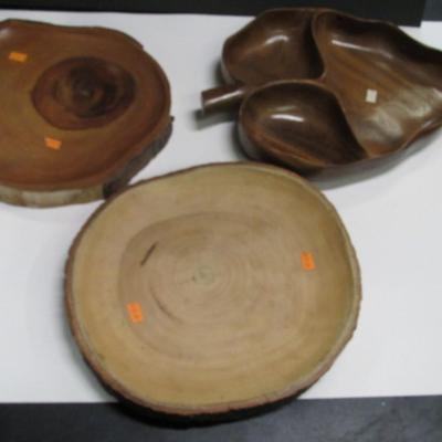 Wood Craft Hawaiian Monkey Pod Vintage Leaf Shaped Divided Wood Tray & Wood Disc
