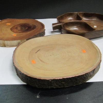 Wood Craft Hawaiian Monkey Pod Vintage Leaf Shaped Divided Wood Tray & Wood Disc