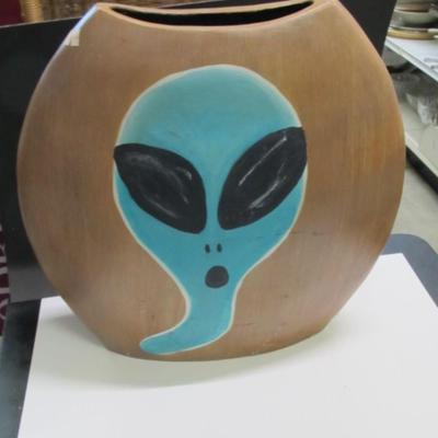 Hand Painted Alien On Pottery Vase Approx 23" x 20"