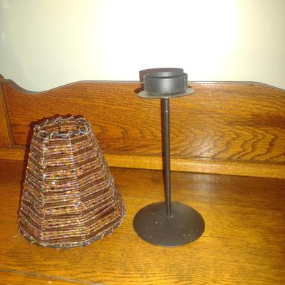 Metal Pedestal Candle Holder with Beaded Shade- Approx 10 3/4" Tall