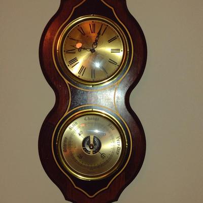 Bulova Wood Case Wall Clock and Barometer- Made in England- Approx 22 1/2" x 11"