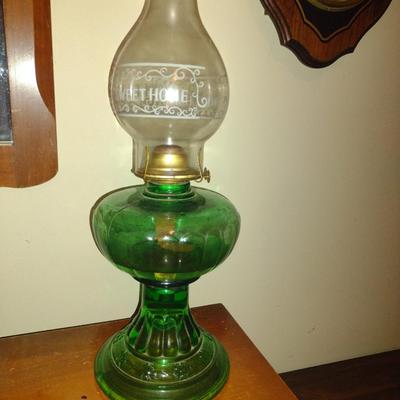 Glass Oil Lamp with Shade- Green Base- Approx 18 1/2" Tall