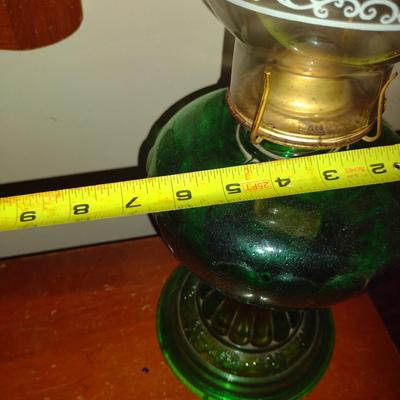 Glass Oil Lamp with Shade- Green Base- Approx 18 1/2" Tall