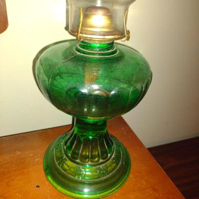 Glass Oil Lamp with Shade- Green Base- Approx 18 1/2" Tall