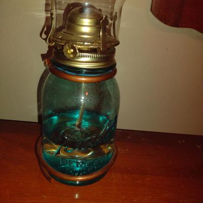 Oil Lamp with Shade- Blue Ball Jar Base- Approx 16" Tall