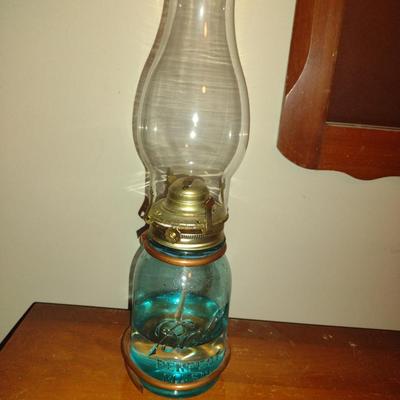 Oil Lamp with Shade- Blue Ball Jar Base- Approx 16" Tall